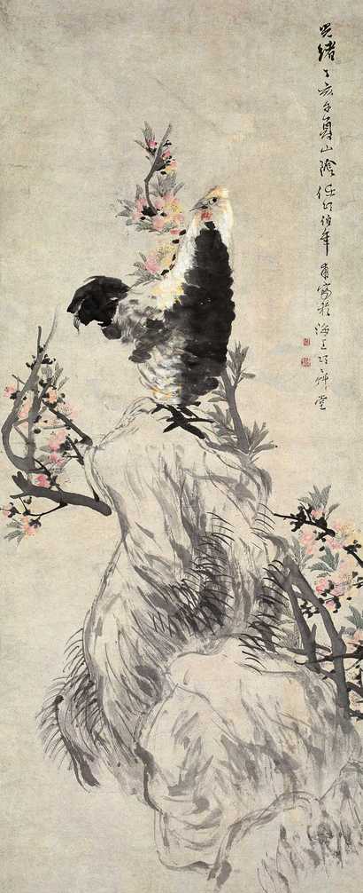 任伯年 1887年作 桃花雄鸡 立轴